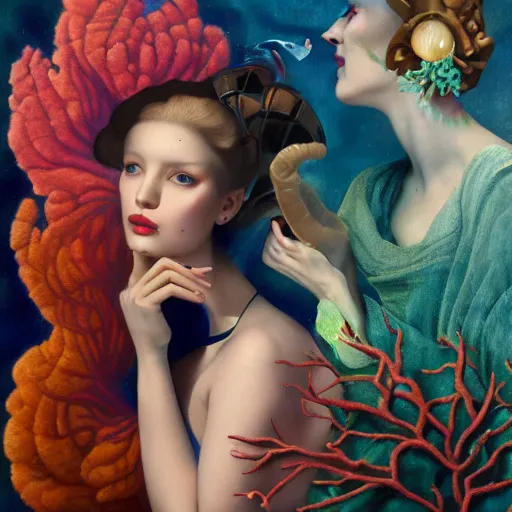 Image similar to dynamic composition, a painting of a woman with hair of seaweed and ( brightly - colored - corals ), wearing ornate earrings, a surrealist painting by tom bagshaw and jacek yerga and tamara de lempicka and jesse king, underwater, featured on cgsociety, pop surrealism, surrealist, dramatic lighting, pre - raphaelite, ornate gilded details