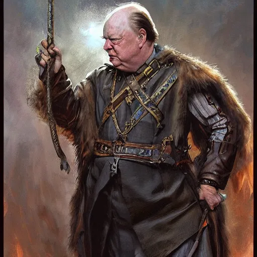 Prompt: Winston Churchill as a fantasy D&D cleric, portrait art by Donato Giancola and James Gurney, digital art, trending on artstation