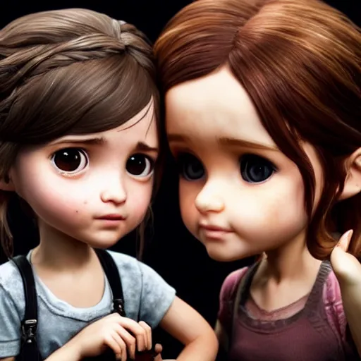 Prompt: Extremely cute and adorable 8k HD key visual of Ellie (The Last of Us) and Ariana Grande posing for the camera making an awesome pose, official media, designed by Mark Ryden and artgerm and Margaret Keane. The art style is quite chibi, with large heads and big wide eyes. 3D render diorama Macro photography