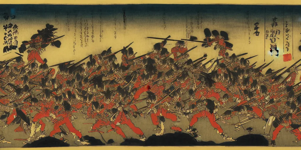 Prompt: an army of undead, at dusk, by Utagawa Kuniyoshi, dramatic lighting, high contrast colors, panoramic view, as trending on Artstation,