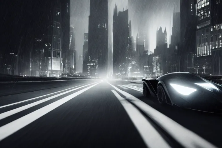 Image similar to the batmobile driving through gotham city at night. fluorescent light. pov from behind the wheel. octane render. 8 k. monochrome. black and white. mist. atmospheric. cinematic. hdr, raytracing, global illumination. a matte painting by ash thorp.