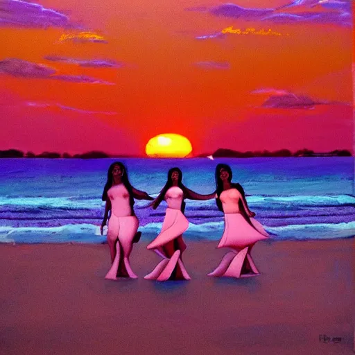 Prompt: singing lotion women on the beach playing the conga’s with an purple pink sunset