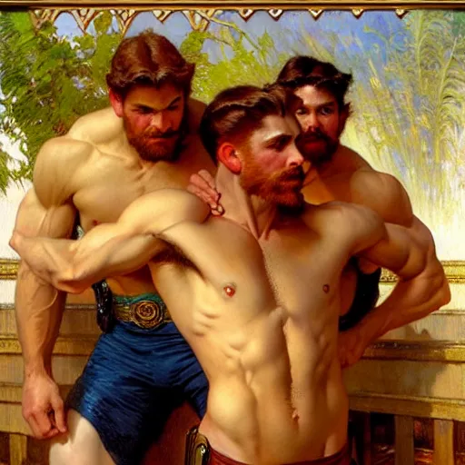 Image similar to attractive muscular mike with ginger hair and muscular attractive ty with brunet hair, drinking their hearts out, boys night out. highly detailed painting by gaston bussiere, craig mullins, j. c. leyendecker, alphonse mucha 8 k