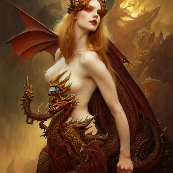 Image similar to dragon queen, diffuse lighting, fantasy, intricate, elegant, highly detailed, lifelike, photorealistic, digital painting, artstation, illustration, concept art, smooth, sharp focus, art by john collier and albert aublet and krenz cushart and artem demura and alphonse mucha