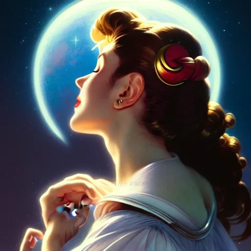 Image similar to head and shoulders Portrait of Sailor Moon, dark fantasy, medium shot, intricate, elegant, highly detailed, digital painting, volumetric light, artstation, concept art, smooth, sharp focus, illustration, art by Gil Elvgren and Greg Rutkowski and Alphonse Mucha