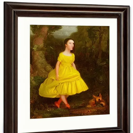 Prompt: A fox in a yellow dress by Thomas Cole, Carl Friedrich Deiker, and Robert Cleminson