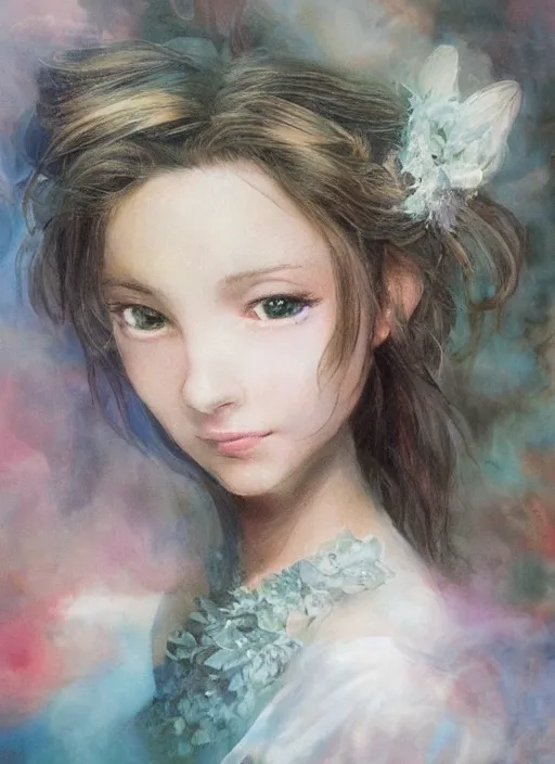 Prompt: elegant Aerith Gainsborough stares intently at the viewer in bemusement. ultra detailed painting at 16K resolution and epic visuals. epically surreally beautiful image. amazing effect, image looks crazily crisp as far as it's visual fidelity goes, absolutely outstanding. vivid clarity. ultra. iridescent. mind-breaking. mega-beautiful pencil shadowing. beautiful face. Ultra High Definition. amazingly crisp sharpness. high quality film still. processed twice. film grain.