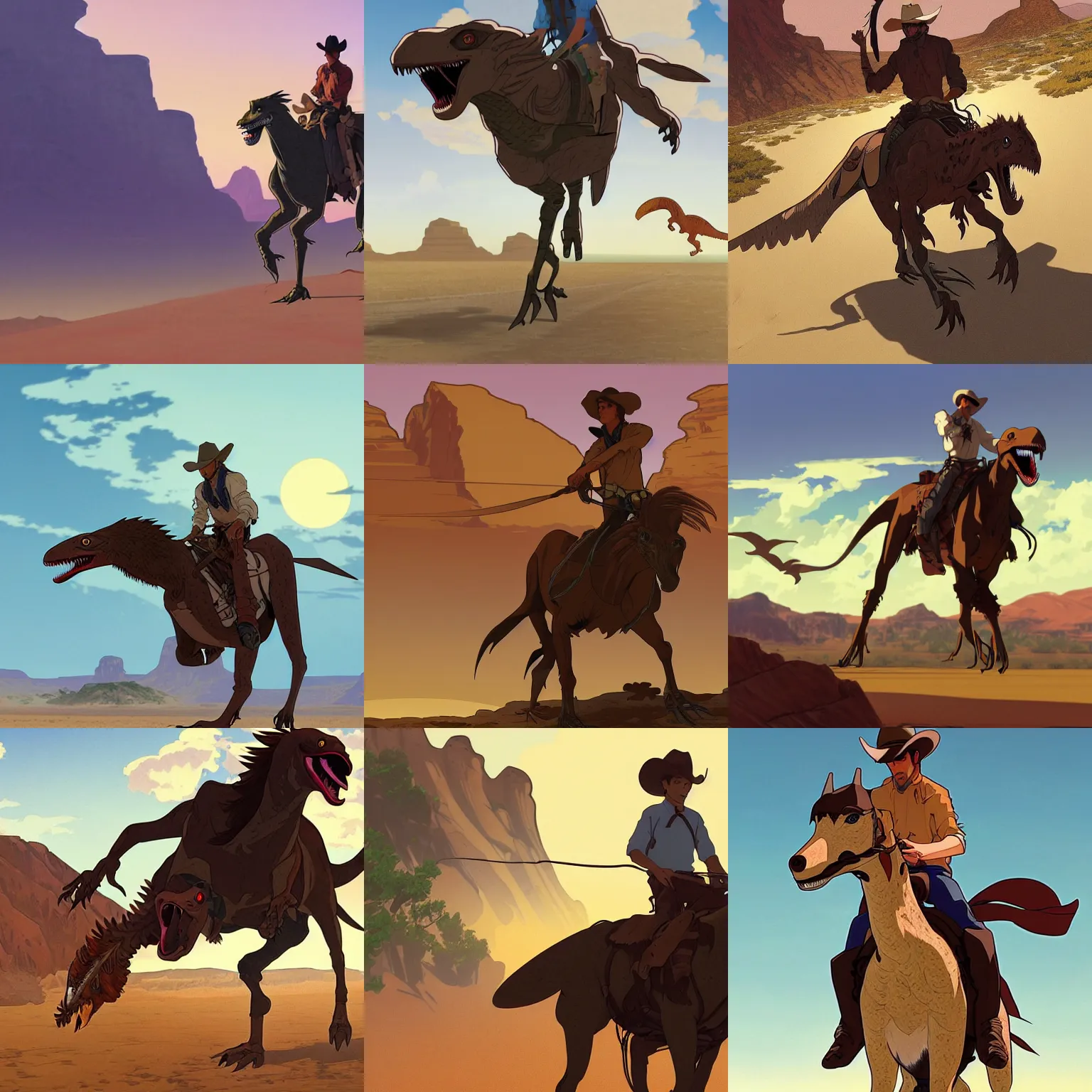 Prompt: A cowboy riding a velociraptor in the desert, western, defined facial features, highly detailed, matte illustration, Makoto Shinkai and Studio Ghibli animated film still, by Ilya Kuvshinov and Alphonse Mucha