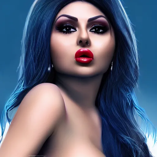 Prompt: portait of haifa wehbe, concept art, perfect lips, licking lollipop mouth, long hair centred, hd, very detailed curve, digital painting, unreal engine, amazing blue background theme