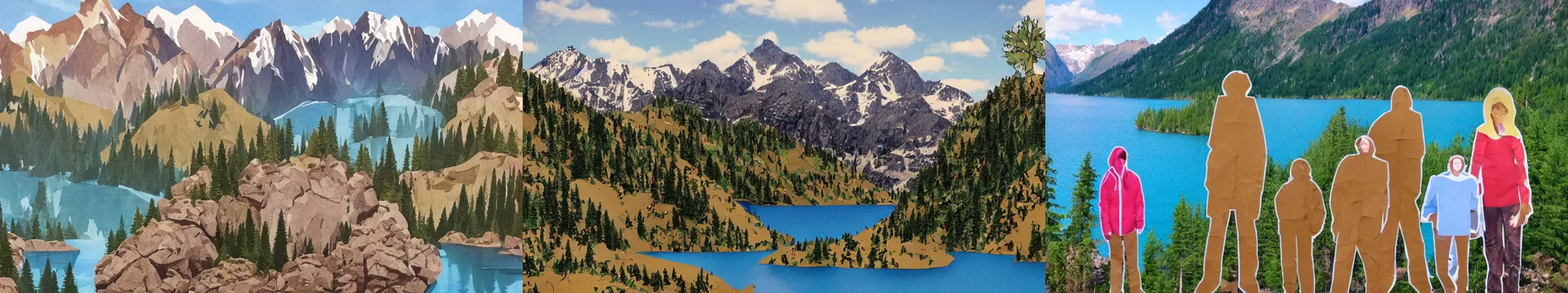 Prompt: lakeside mountains, cardboard cutouts