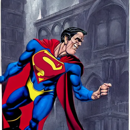 Image similar to Painting of Boris Karloff as Superman fighting Hunchback of Notre Dame by Mark Brooks