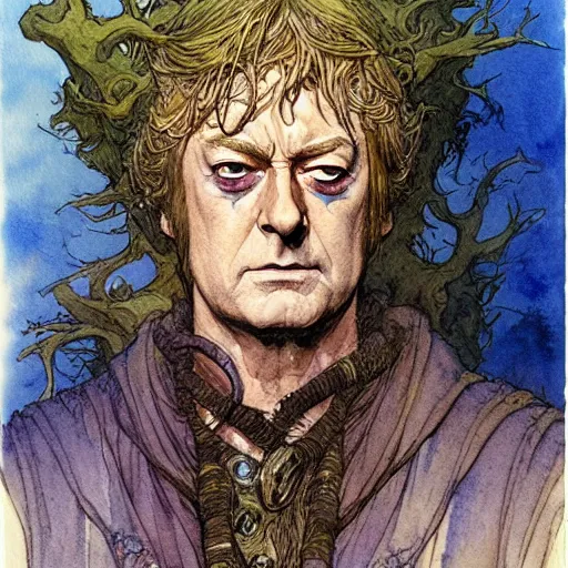 Prompt: a realistic and atmospheric watercolour fantasy character concept art portrait of michael caine as a druidic warrior wizard looking at the camera with an intelligent gaze by rebecca guay, michael kaluta, charles vess and jean moebius giraud