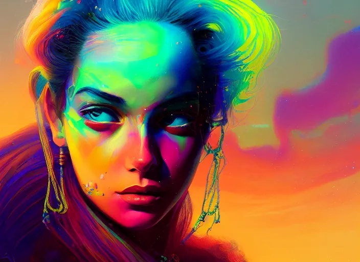 Prompt: A psychedelic portrait of jasmine Lelantos , vibrant color scheme, highly detailed, in the style of romanticism, cinematic, artstation, Moebius, Greg rutkowski