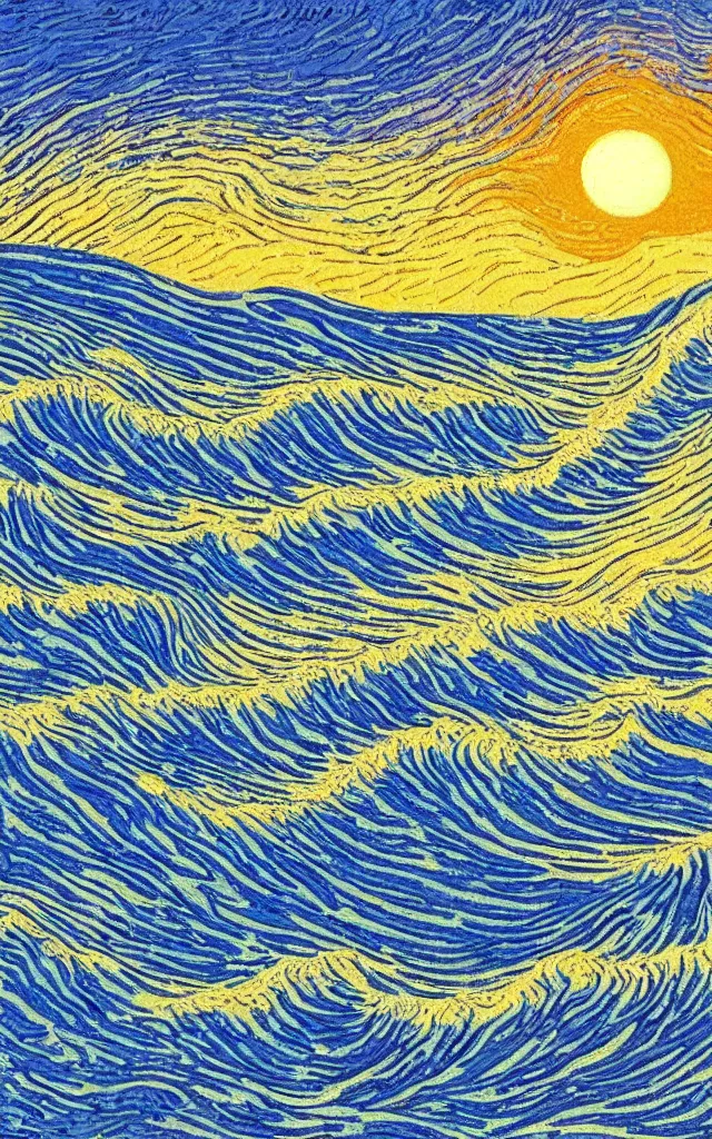 Image similar to a beautiful sunset on a beach, fractal waves. retro minimalist art by jean giraud and van gogh.