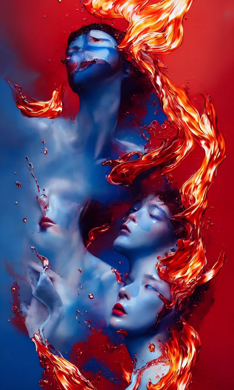 Prompt: 3 d, crying fashion model, flame, liquid deep blue and red water, sun, vogue cover style, poster art, high detail, intricate oil painting, multiple exposure, heaven mood, hyperrealism, 3 d, by tooth wu and wlop and beeple and greg rutkowski