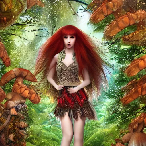 Image similar to Girl, long red hair, short bangs, in a beautiful skirt made of leaves with dewdrops on them, clothes, tiny mushrooms and forest on a dress, mushrooms decoration on the dress, on the background of a magickal forest, Designer clothes, vouge photo, fashion style, fullbody, in full growth, intricate, elegant, highly detailed, artstation, concept art, smooth, sharp focus, illustration, art by greg rutkowski and orientalism and bouguereau and Zdzislaw Beksinski, good clear quality, lighting, biology, symmetrical artwork, perfect face, 135 mm, cinematic, hyper realism, high detail, octane render, 8k, chrome accents