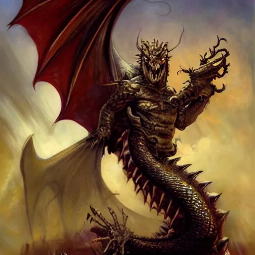 Image similar to dragon, by seb mckinnon and frank frazetta
