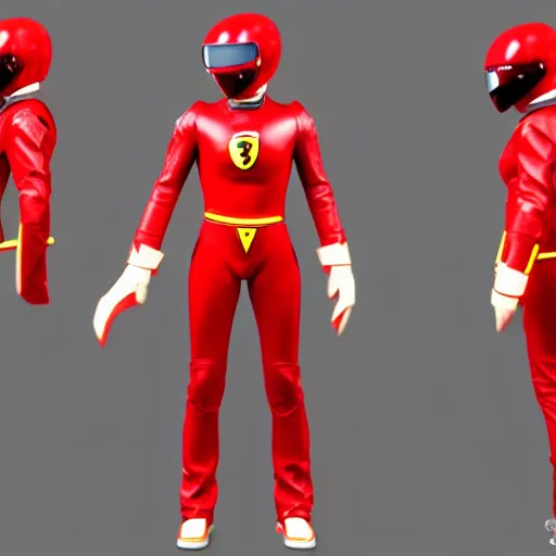 Image similar to Tokusatsu character based on Ferrari, red mechanical skinny body, chest plate with Ferrari logo, stylized motorcycle helmet, full body, unreal engine, 3D model