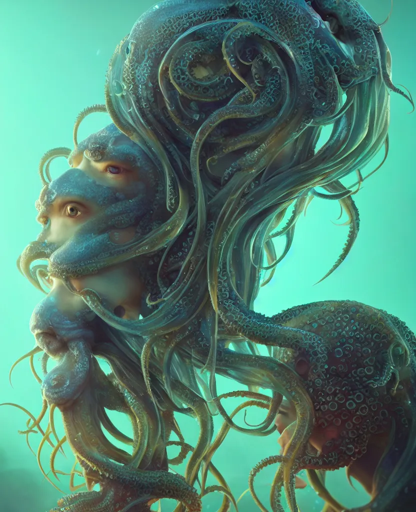 Image similar to cthulhu goddess close - up portrait, squid coming from woman eyes, phoenix jellyfish, orchid, betta fish, bioluminiscent, intricate artwork by tooth wu and wlop and beeple. octane render, trending on artstation, greg rutkowski very coherent symmetrical artwork. cinematic, hyper realism, high detail, octane render, 8 k