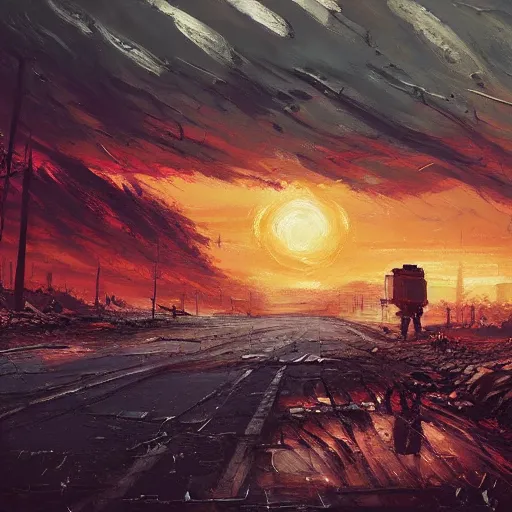 Prompt: post apocalyptic wasteland, smooth, dreary, oil painting, beautifully detailed, trending on artstation, by alena aenami