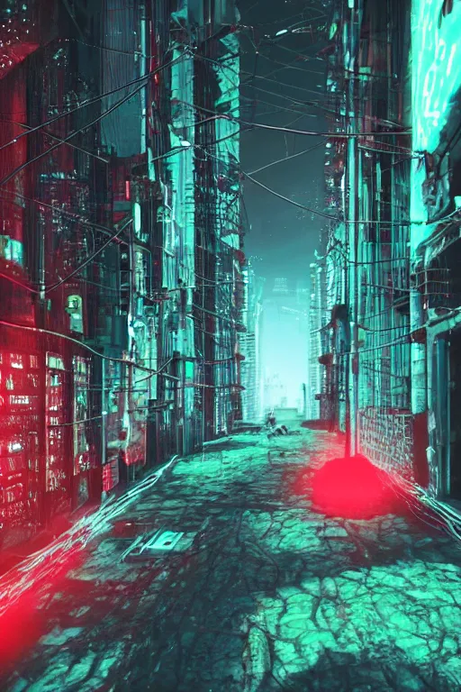 Prompt: City of Horror, glowing red-green fluorescence, cyberpunk, shawl streets, virtual engine, HD, high detail