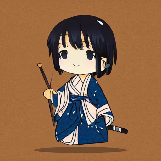 Image similar to concept art of a singular kawaii chibi in the sytle of japanese wood print, on simple background, water color nendoroid, anime waifu, ukiyoe, no shading, no gradient, flat design