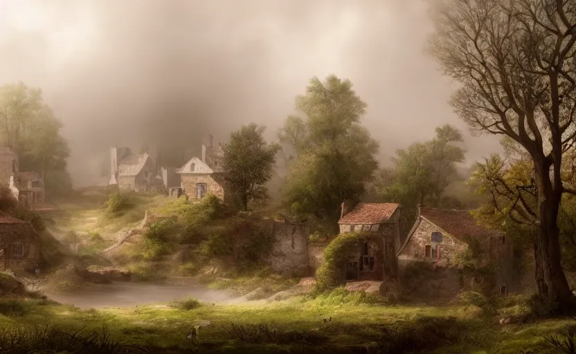 Image similar to matte painting of a countryside landscape of a 1 8 th century village. gloomy, fog, elaborate, detailed digital art trending in artstation