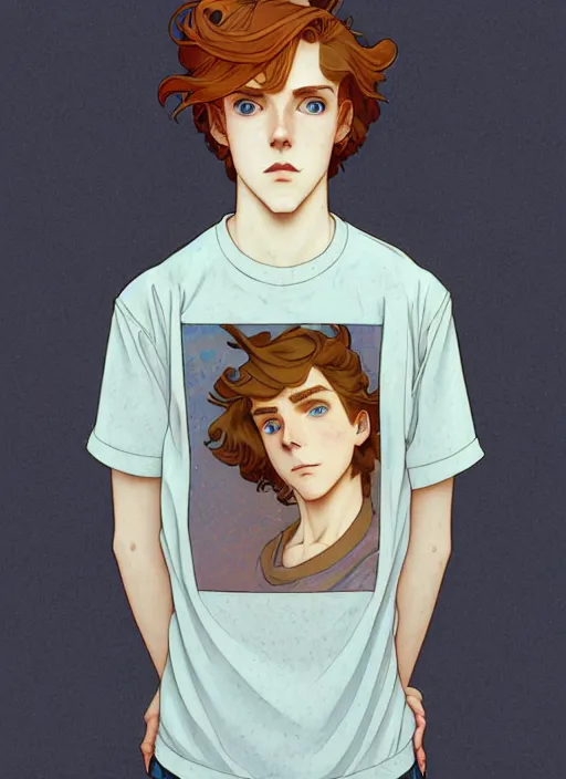 Image similar to art nouveau portrait of a teen boy with completely straight auburn hair, light blue eyes, pale skin, freckles, sad expression, t - shirt, modern casual clothing, natural lighting, path traced, highly detailed, high quality, cartoon, digital painting, by don bluth and ross tran and studio ghibli and alphonse mucha