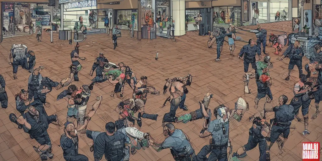 Image similar to Mall cops vs weightlifters. Epic painting by James Gurney and Laurie Greasley.