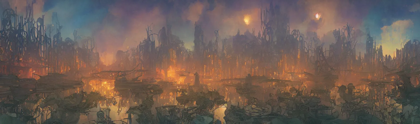 Prompt: a beautiful painting of a dystopian steampunk landscape, a lake with boats, different colour led lights and neon, by alfons maria mucha and julie dillon and makoto shinkai