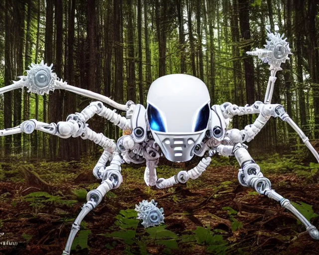 Image similar to photo of a white terminator spider with biomechanical cybernetic body with antennas and visor cogs and gears and components in the forest. cyberpunk horror style. highly detailed 8 k. intricate. nikon d 8 5 0 5 5 mm. award winning photography.