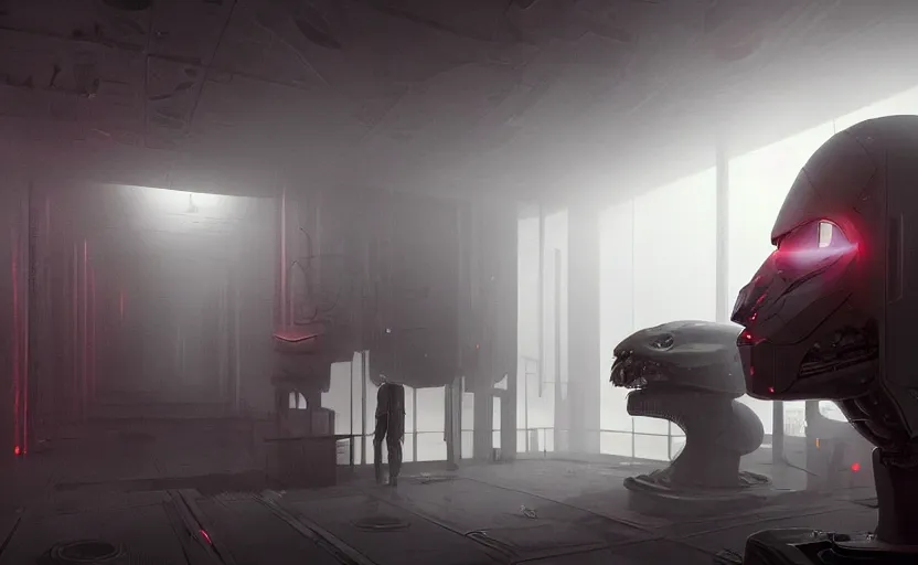 Image similar to extremely detailed cinematic movie still 3 0 7 7 foggy portrait shot of a robot in an endless data centre by denis villeneuve, wayne barlowe, simon birch, marc simonetti, philippe druillet, beeple, bright volumetric sunlight from small windows, rich moody colors