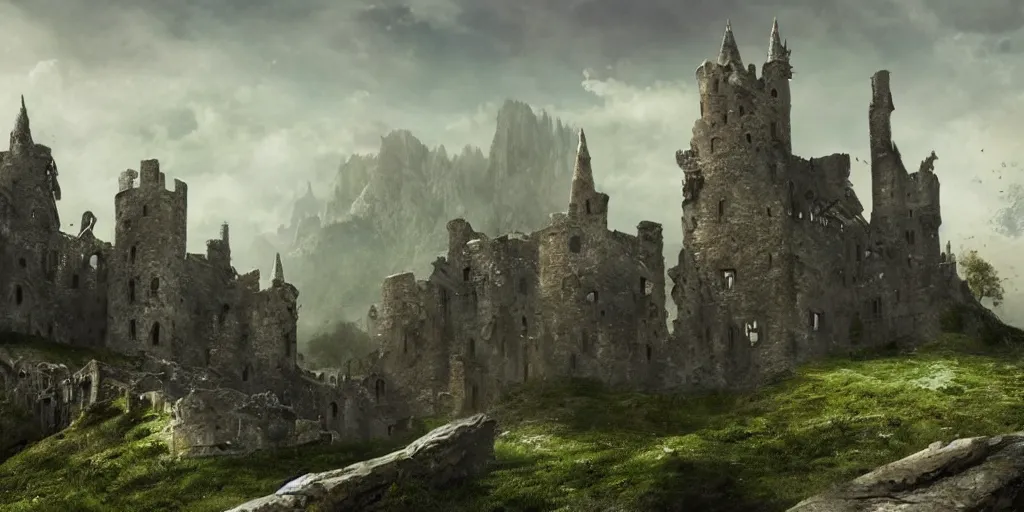 Prompt: matte painting, castle, dramatic landscape, ruins