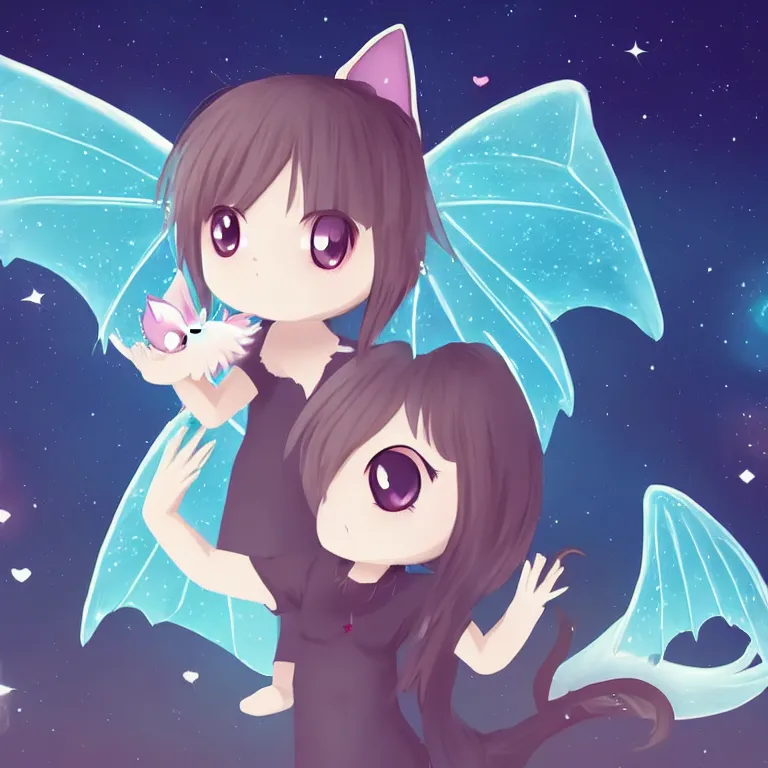 Prompt: cute, full body, female, anime style, a cat girl with fairy wings patting a small dragon, large eyes, beautiful lighting, sharp focus, simple background, creative, heart effects, filters applied, illustration
