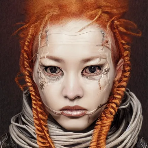 Image similar to portrait of a Shibari rope wrapped face and neck, headshot, insanely nice professional hair style, dramatic hair color, digital painting, of a old 17th century, old cyborg merchant, amber jewels, baroque, ornate clothing, scifi, realistic, hyperdetailed, chiaroscuro, concept art, art by Franz Hals and Jon Foster and Ayami Kojima and Amano and Karol Bak,