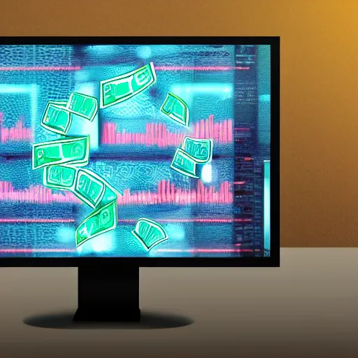 Prompt: A monitor showing futuristic money, dreamlike digital painting, detailed background