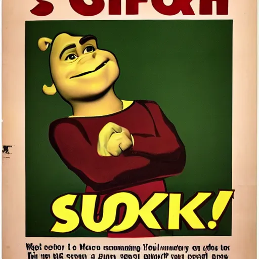 Prompt: 1 9 5 0 s style labor poster of shrek working as a retail worker