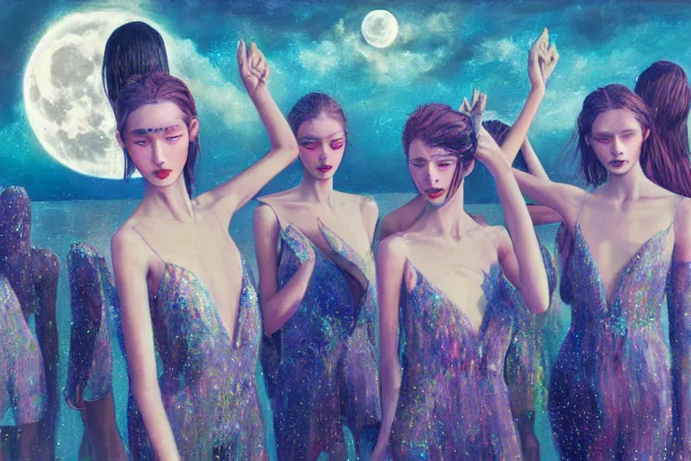 Image similar to 3 d, close - up, group of fashion models standing in a night lake with their hands raised to the bright moon, moon ryas, vogue cover style, intricate oil painting, high detail, figurative art, multiple exposure, poster art, 3 d, by tooth wu and wlop and beeple