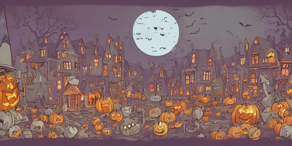 Prompt: a study of cell shaded cartoon of halloween town from tim burtons nightmare before christmas, illustration, wide shot, muted colors, concept art by josan gonzales and wlop, by james jean, victo ngai, david rubin, mike mignola, laurie greasley, highly detailed, sharp focus, trending on artstation, hq, deviantart, art by artgem