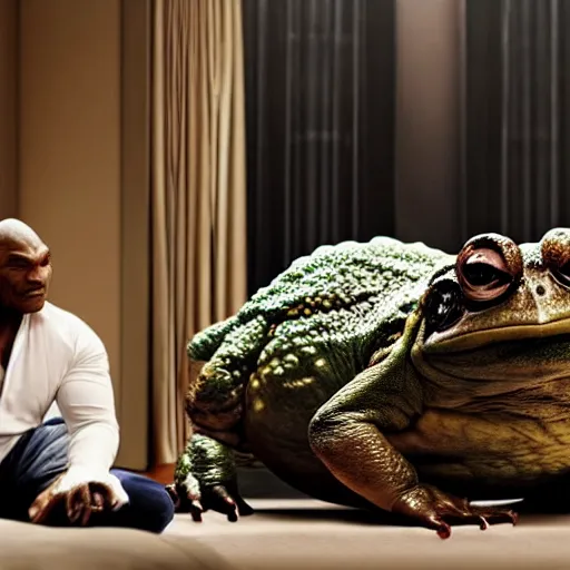 Prompt: a giant toad sitting with mike tyson in a large hotel room, movie directed by martin scorsese and christopher nolan, masterpiece, 8 h