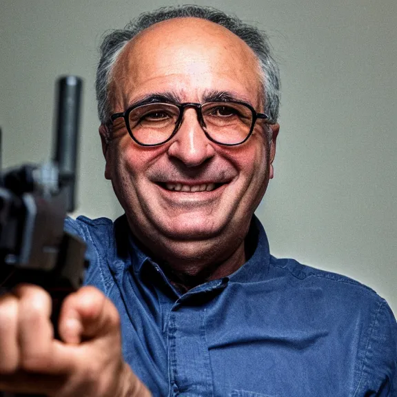 Image similar to antonio costa, smiling, pointing a gun at the camera, pulitzer prize winning photograph