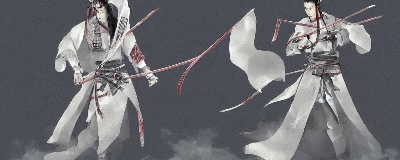 Image similar to a !beautiful White cloaked Samurai Warrior with Sword Drawn by Mitsuru Adachi :: Concept Art, Digital Art