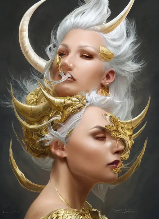 Image similar to fullbody!! dynamic movement pose, beautiful woman with white hair, big natural horns on her head, gold jewellery, dnd, face, fantasy, intricate, elegant, highly detailed, digital painting, artstation, concept art, smooth, sharp focus, illustration, art by artgerm and greg rutkowski and alphonse mucha