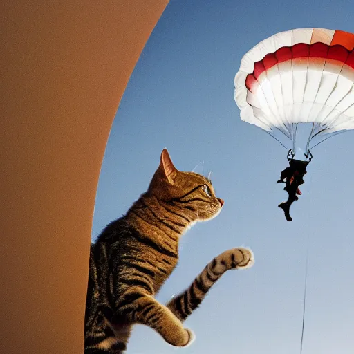 Prompt: a cat parachuting, professional photography