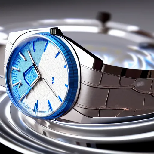 Image similar to a luxury wristwatch made out of blue ice, attached to a molten metal rod, unreal engine