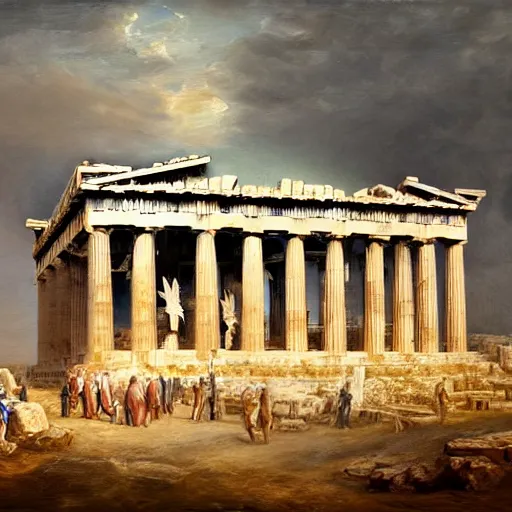 Image similar to the Parthenon with attached wings, flapping, oil on canvas, portrait, intricate, 8k highly professionally detailed, HDR, CGsociety