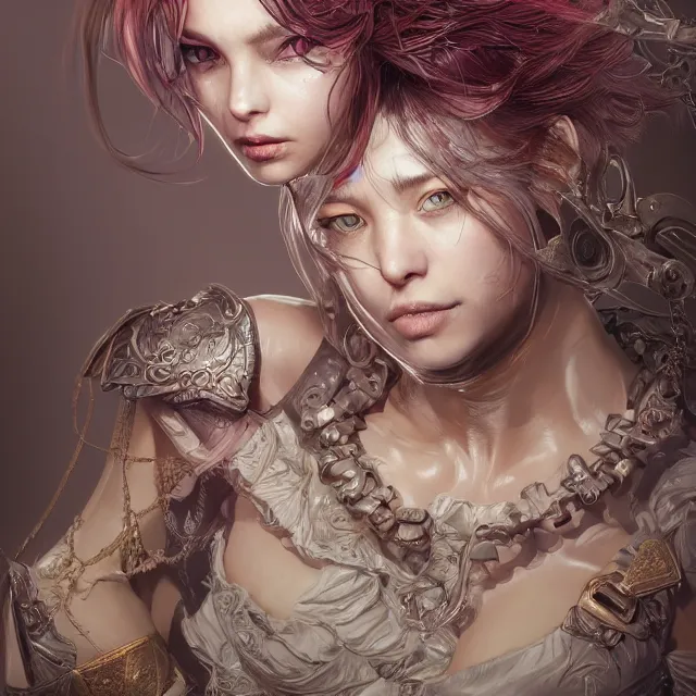 Image similar to the portrait of chaotic neutral female rogue as absurdly beautiful, gorgeous, elegant, innocent young woman, an ultrafine hyperdetailed illustration by kim jung gi, irakli nadar, intricate linework, bright colors, octopath traveler, final fantasy, unreal engine 5 highly rendered, global illumination, radiant light, detailed and intricate environment