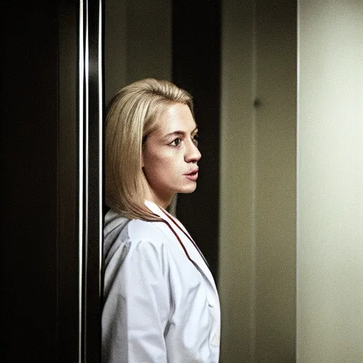 Prompt: profile of female nurse, blond hair. white coat, in an elevator, gregory crewdson