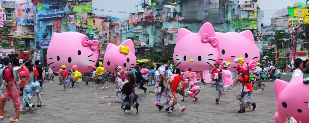 Prompt: giant hello kitty battle mechas attacking the Surabaya city, TV news, amateur photography