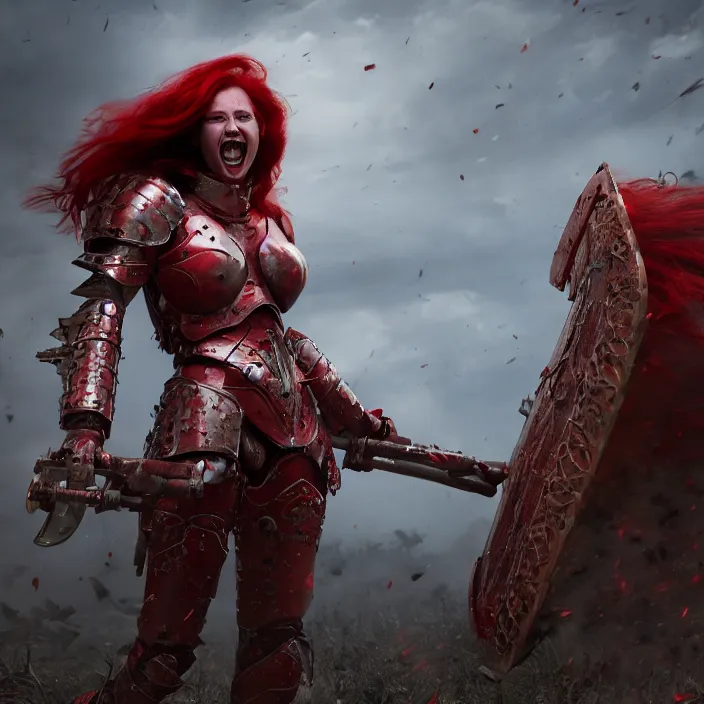 Image similar to a girl with a long red hair wearing a full-body red plate armor screaming in a battlefield, anatomically correct, hyperrealistic, concept art, octane render, unreal engine 5, 8K HDR, highly detailed, high quality, fantasy armor